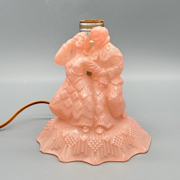 Vintage Art Deco Frosted Pink Glass Boudoir Lamp Couple Figurine Port Electric - Picture 1 of 8